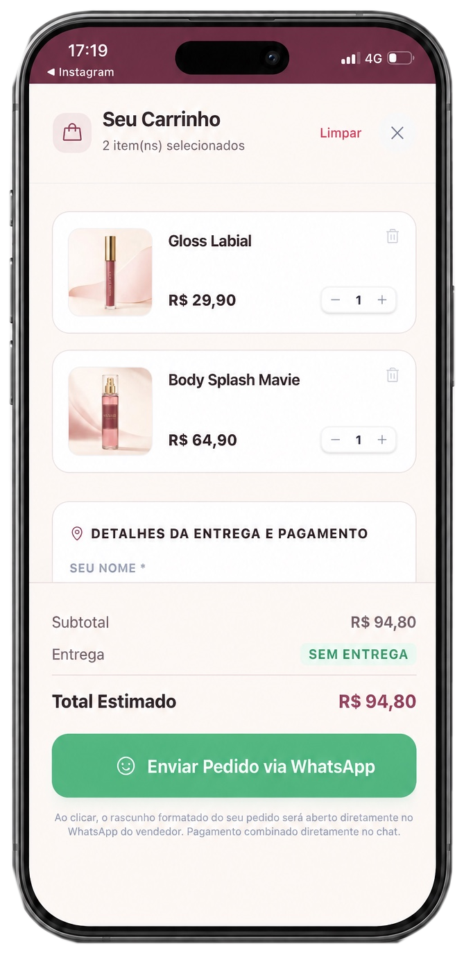 Carrinho pronto para enviar pelo WhatsApp